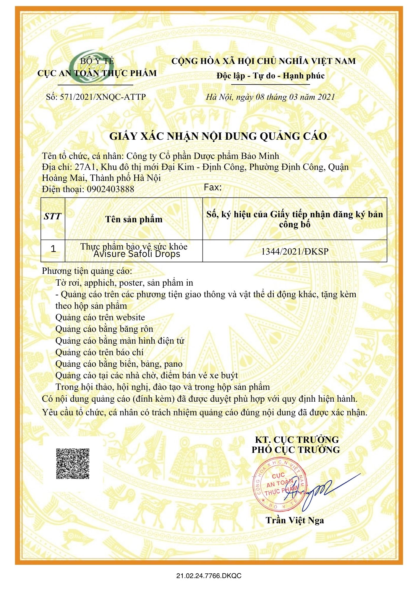 Giấy phép quảng cáo tpbvsk Avisure safoli drop