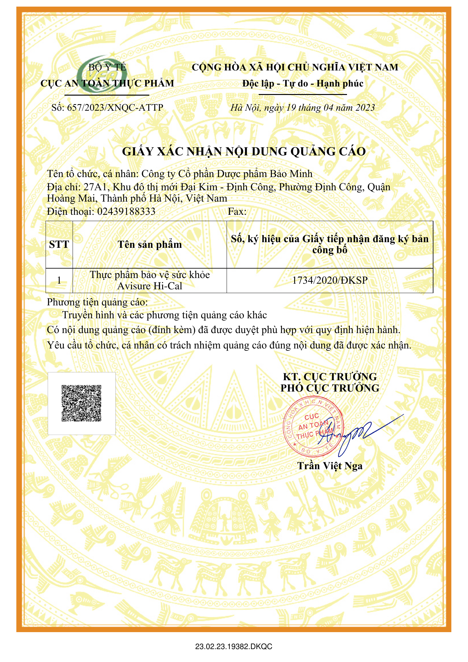 Giấy phép quảng cáo Avisure hical