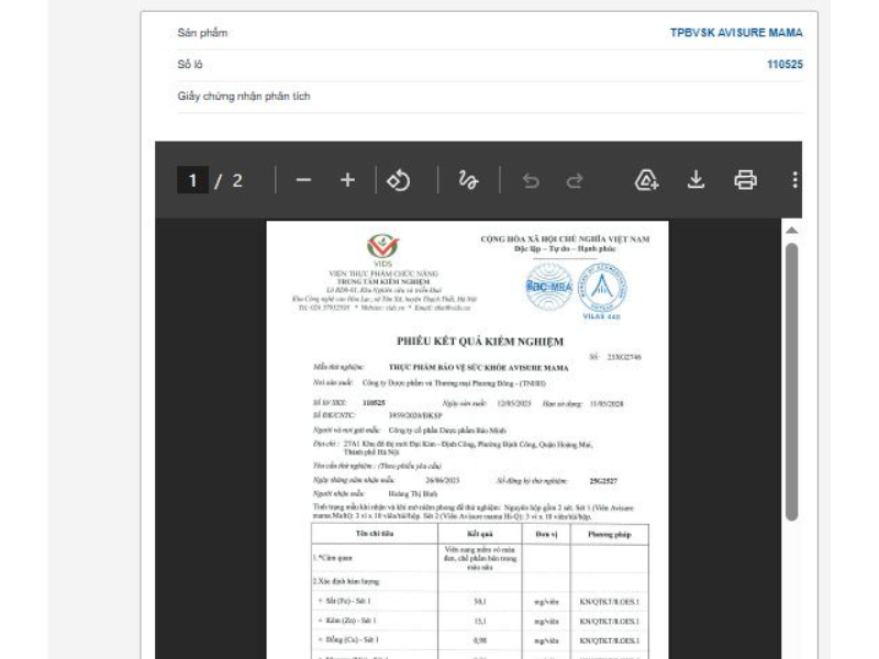 Kết quả giấy kiểm trịnh Avisure khi tra cứu