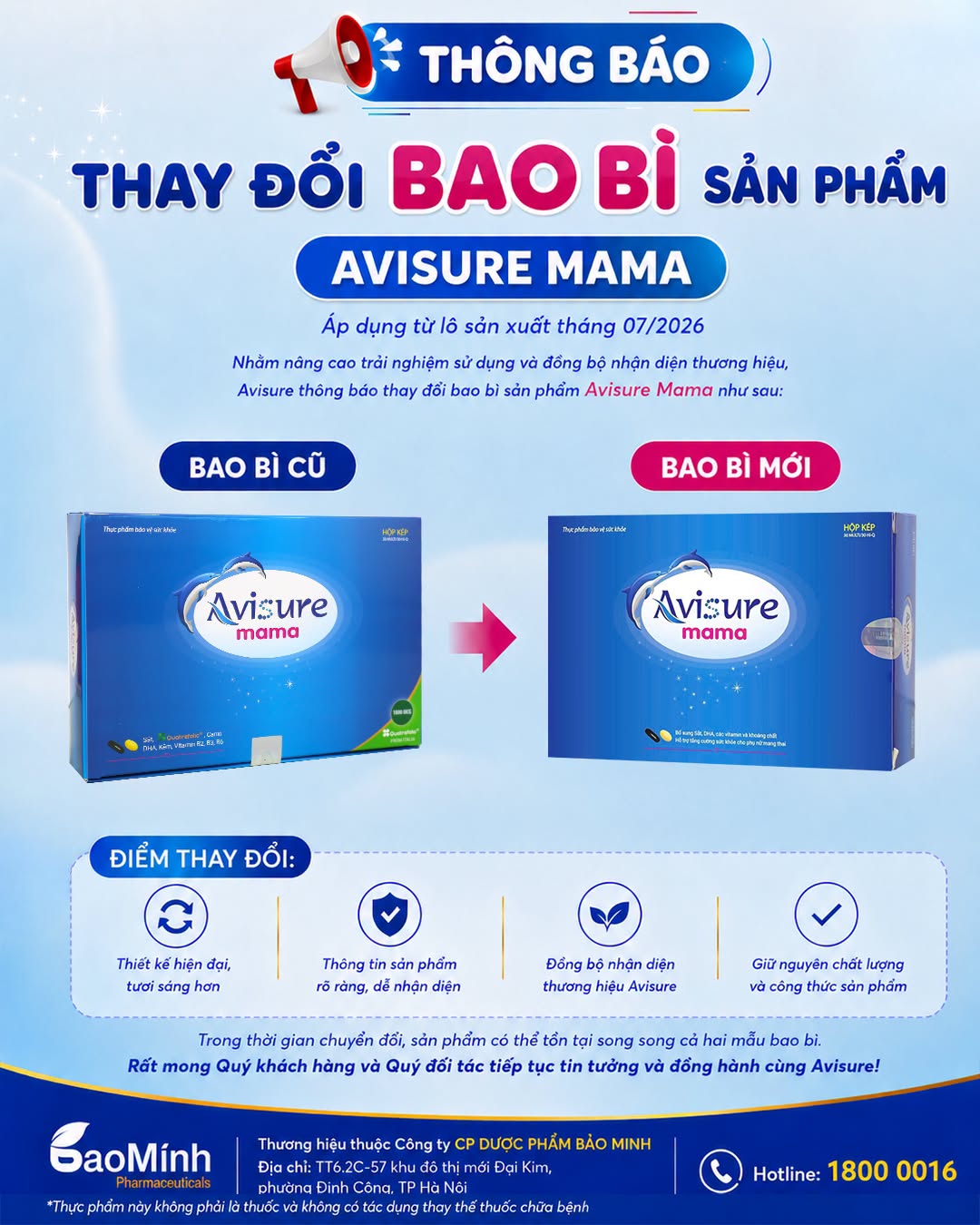 Thông báo thay đổi bao bì sản phẩm Avisure Mama từ tháng 07/2026
